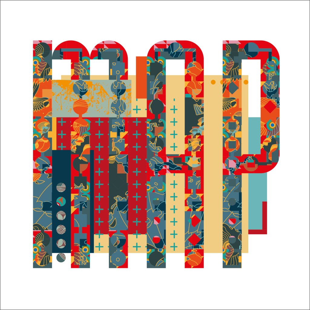 Multicolour digital print showing letters MAP in my two-layer Dichromate typeface