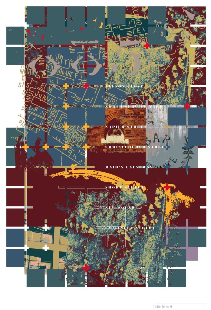 Multi colour digital print using map details. photos and street names